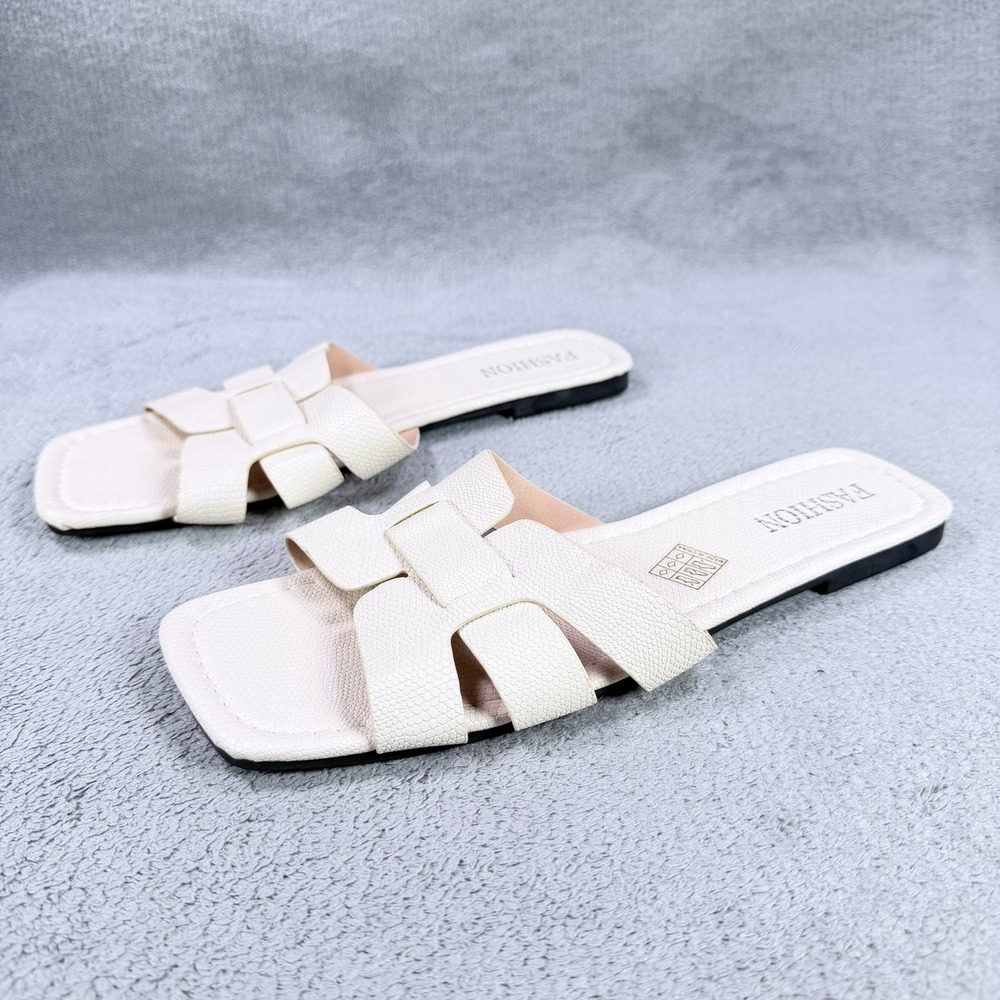 Fashion Womens 10 Cream Faux Leather Snake Embossed H-Strap Flat Slide Sandals